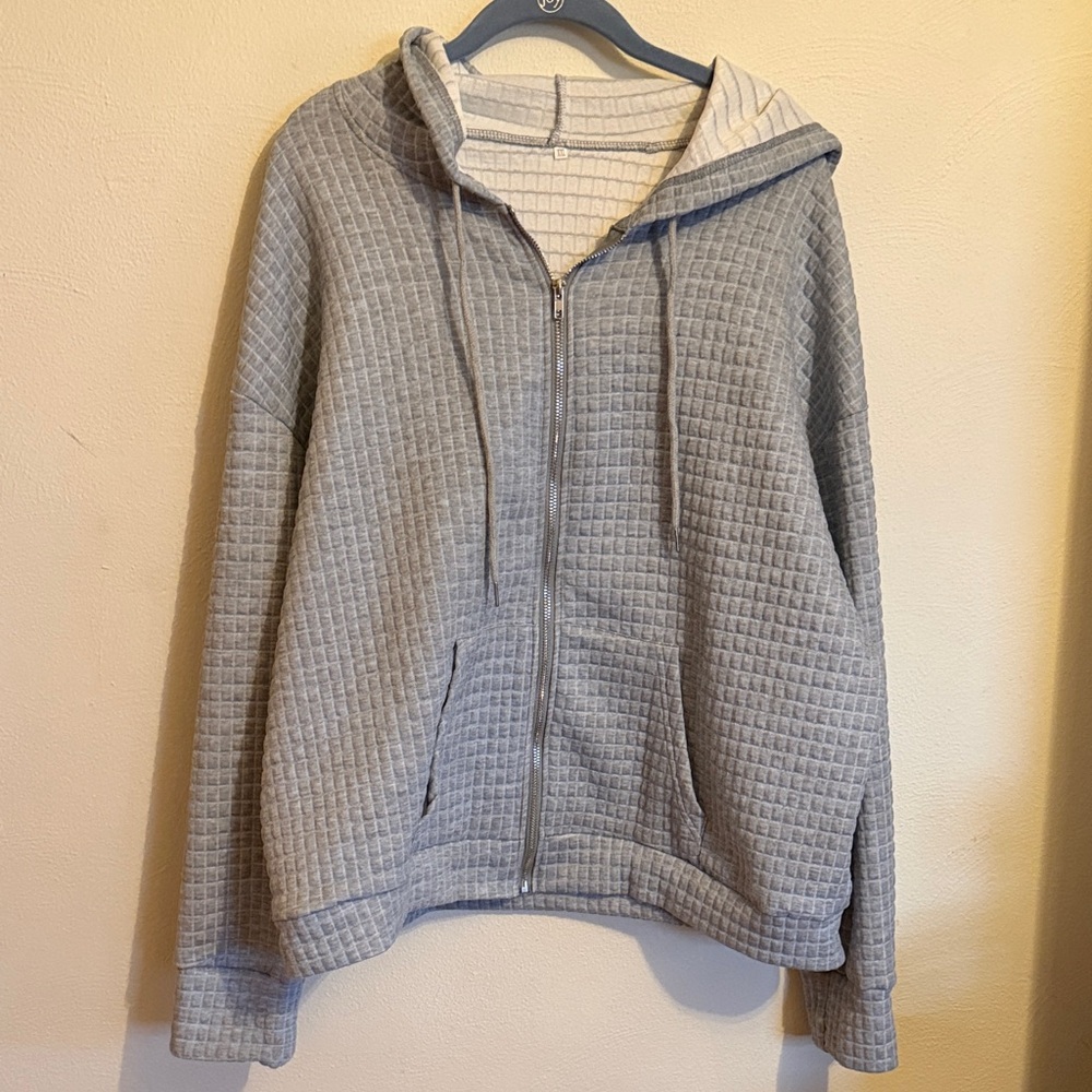 Gray Waffle Knit Zip-Up Hoodie